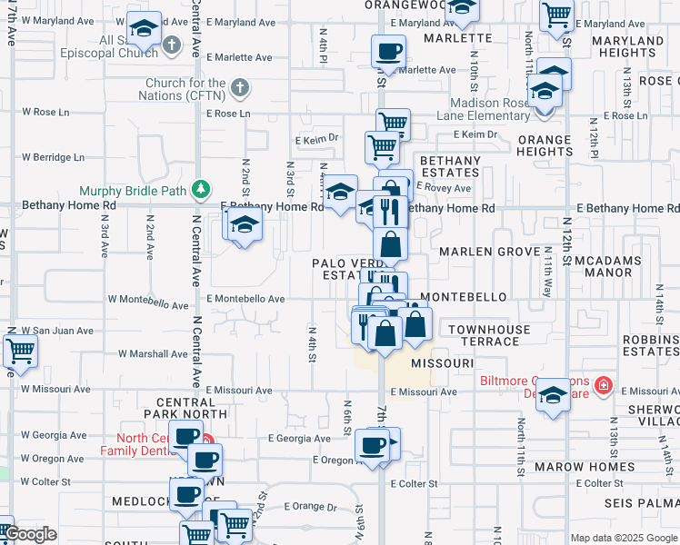 map of restaurants, bars, coffee shops, grocery stores, and more near 610 East Montebello Avenue in Phoenix