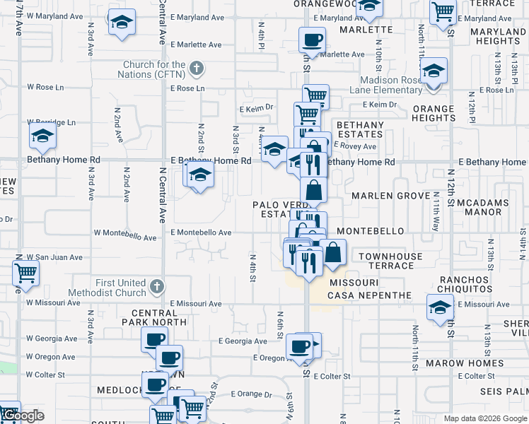 map of restaurants, bars, coffee shops, grocery stores, and more near 410 East Montebello Avenue in Phoenix