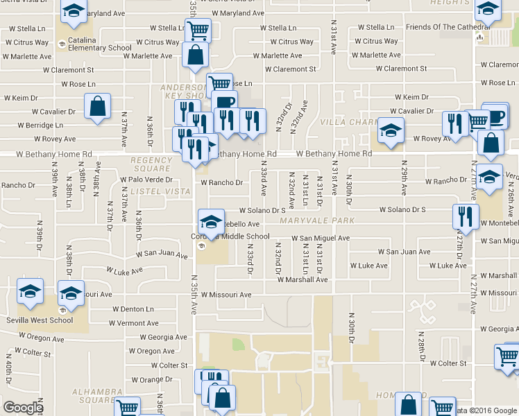 map of restaurants, bars, coffee shops, grocery stores, and more near 3226 West Montebello Avenue in Phoenix