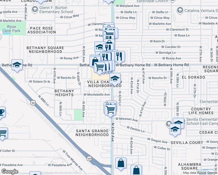 map of restaurants, bars, coffee shops, grocery stores, and more near 5701 North 43rd Drive in Glendale