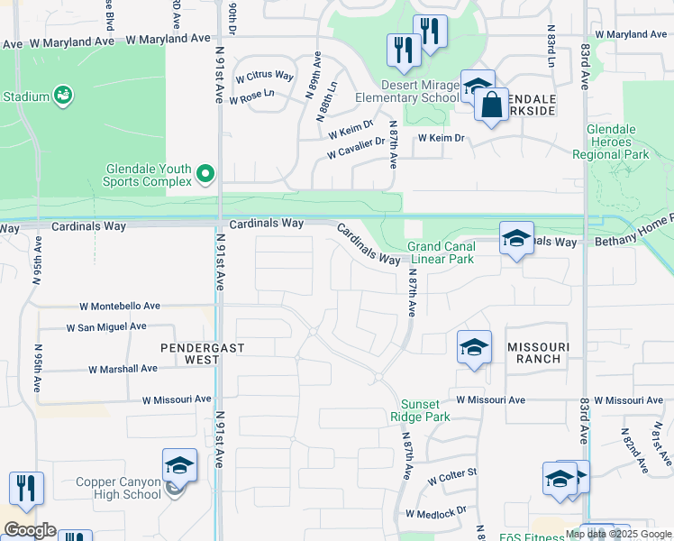 map of restaurants, bars, coffee shops, grocery stores, and more near W Bethany Home Rd in Glendale