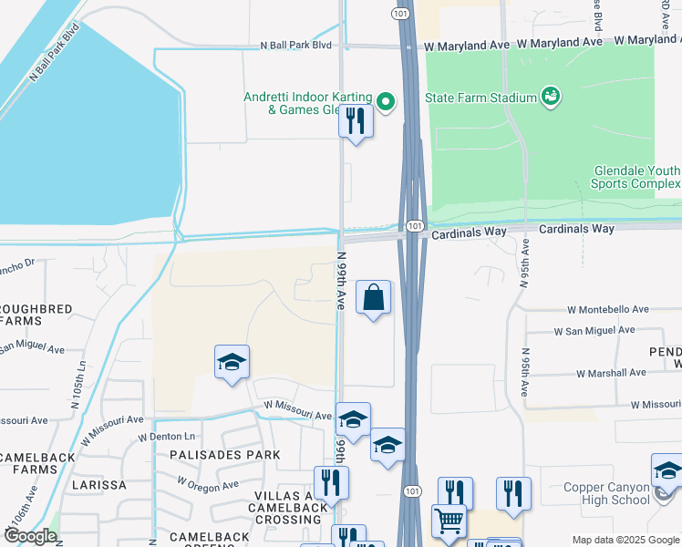 map of restaurants, bars, coffee shops, grocery stores, and more near 5801 North 99th Avenue in Glendale