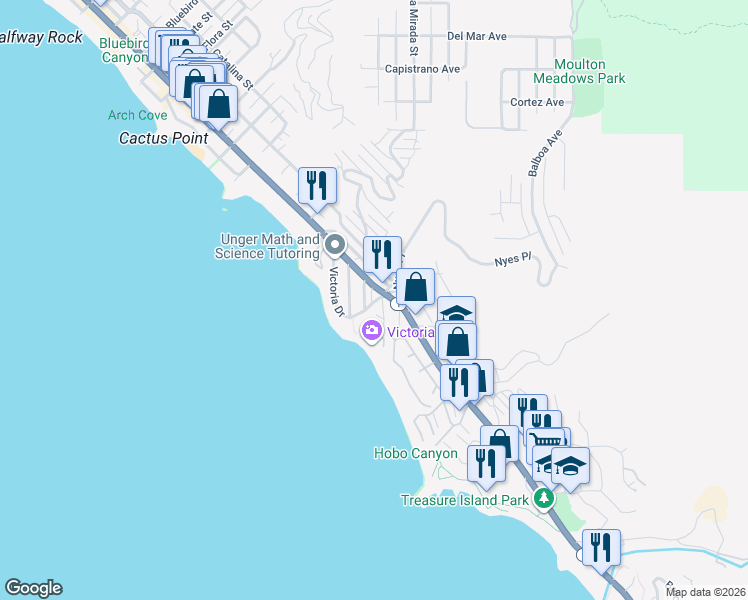 map of restaurants, bars, coffee shops, grocery stores, and more near 163 Dumond Drive in Laguna Beach