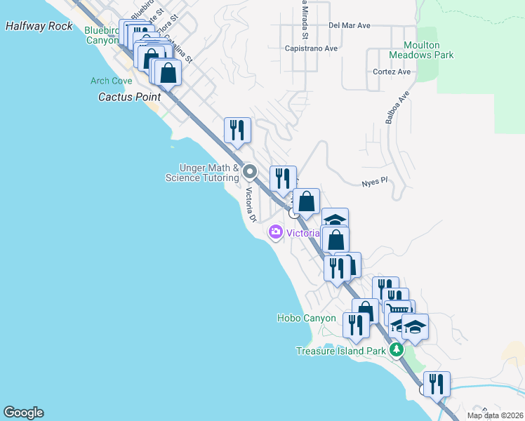 map of restaurants, bars, coffee shops, grocery stores, and more near 2713 1/2 Victoria Drive in Laguna Beach