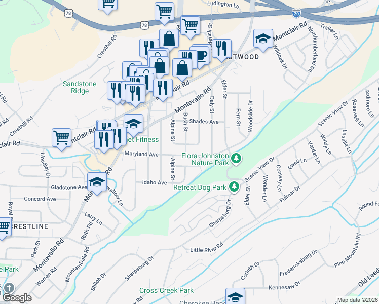 map of restaurants, bars, coffee shops, grocery stores, and more near 4740 Vermont Avenue in Irondale