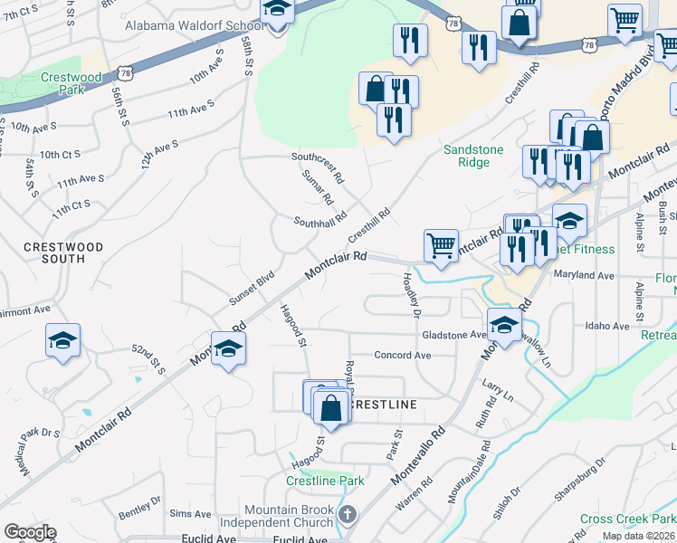 map of restaurants, bars, coffee shops, grocery stores, and more near 1124 Cresthill Drive in Birmingham