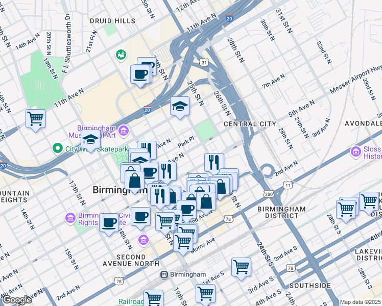 map of restaurants, bars, coffee shops, grocery stores, and more near 820 23rd Street South in Birmingham
