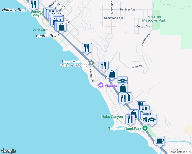 map of restaurants, bars, coffee shops, grocery stores, and more near 2713 1/2 Victoria Drive in Laguna Beach