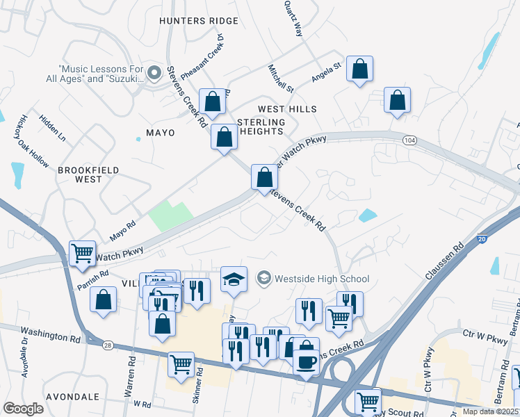 map of restaurants, bars, coffee shops, grocery stores, and more near 802 Windsong Circle in Augusta