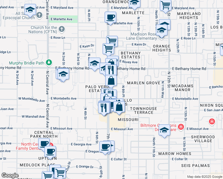 map of restaurants, bars, coffee shops, grocery stores, and more near 5727 North 7th Street in Phoenix