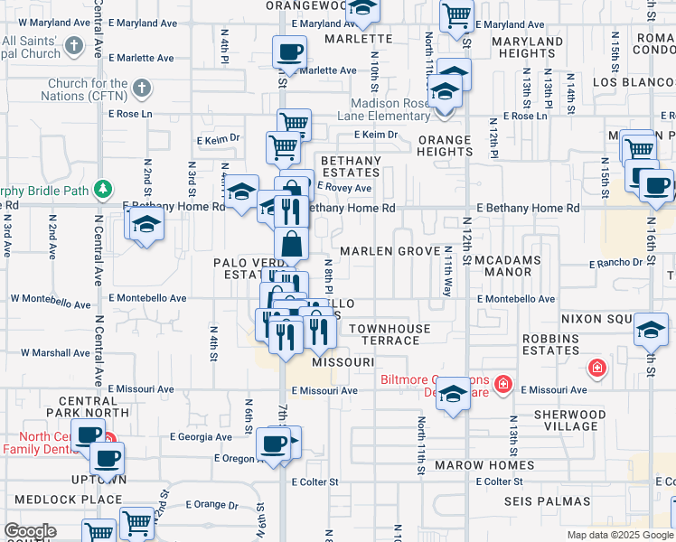 map of restaurants, bars, coffee shops, grocery stores, and more near 5725 North 8th Place in Phoenix