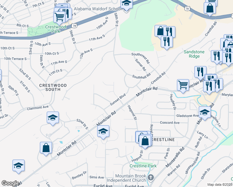 map of restaurants, bars, coffee shops, grocery stores, and more near 1421 Sunshine Drive in Birmingham