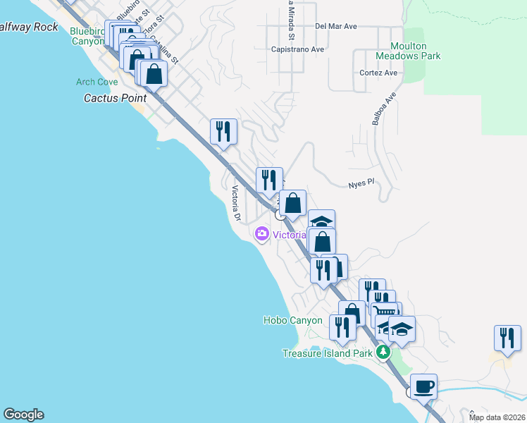 map of restaurants, bars, coffee shops, grocery stores, and more near 163 Dumond Drive in Laguna Beach