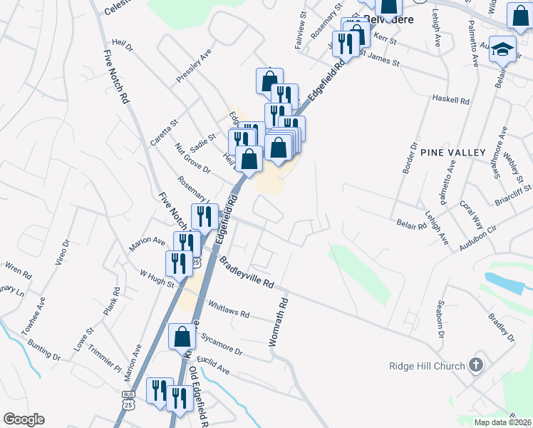 map of restaurants, bars, coffee shops, grocery stores, and more near 1402 Groves Boulevard in North Augusta