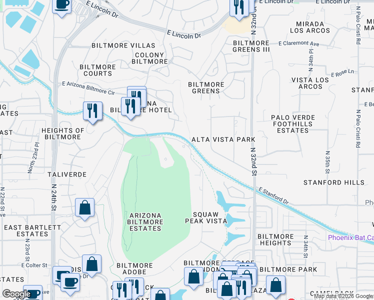 map of restaurants, bars, coffee shops, grocery stores, and more near 8 Biltmore Estates Drive in Phoenix