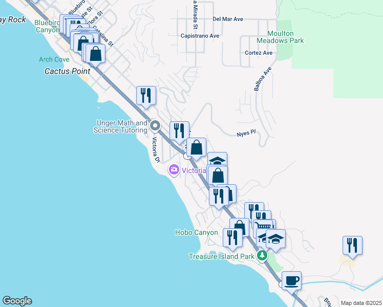 map of restaurants, bars, coffee shops, grocery stores, and more near 201 Nyes Place in Laguna Beach