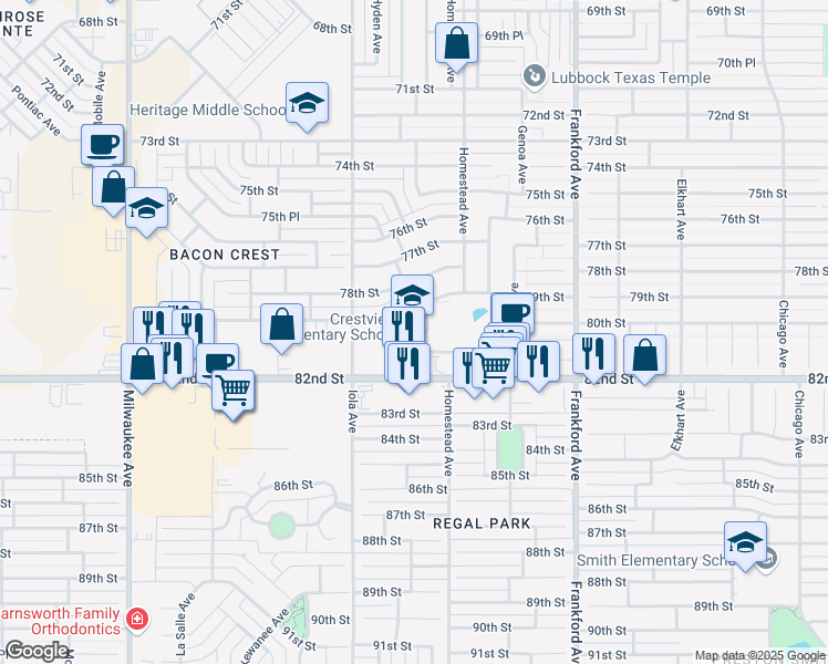 map of restaurants, bars, coffee shops, grocery stores, and more near 6020 81st Street in Lubbock