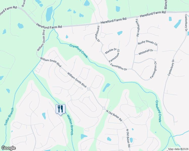 map of restaurants, bars, coffee shops, grocery stores, and more near Tanner Oaks Drive in Evans