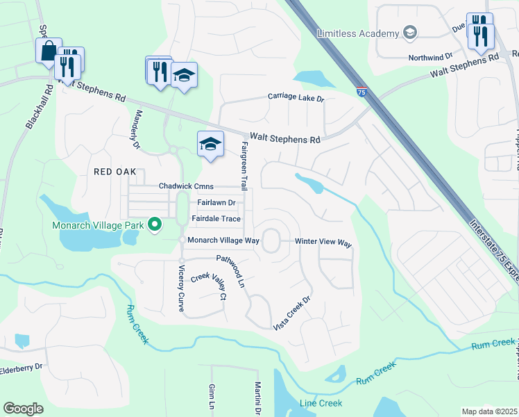 map of restaurants, bars, coffee shops, grocery stores, and more near 498 Haven Ridge Drive in Stockbridge