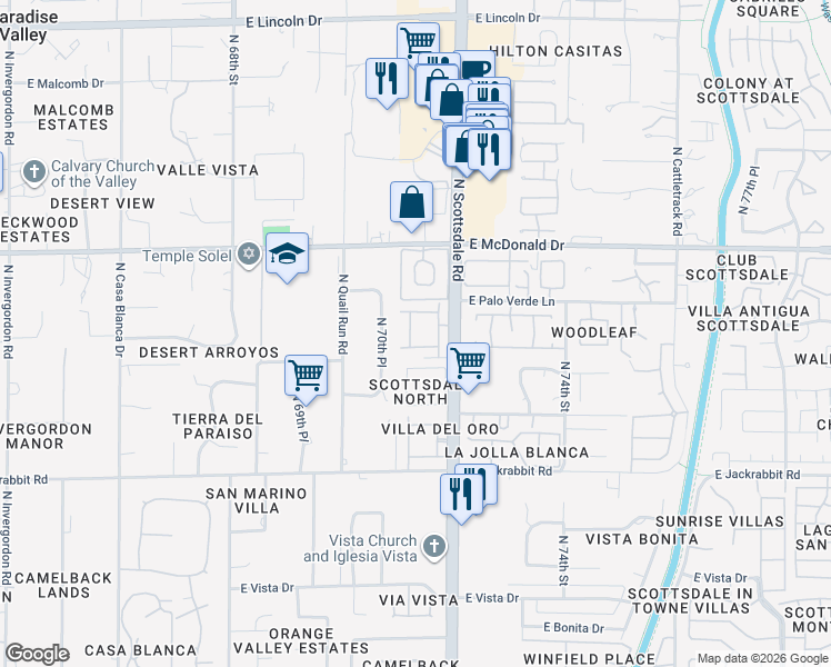 map of restaurants, bars, coffee shops, grocery stores, and more near 5828 North Scottsdale Road in Paradise Valley
