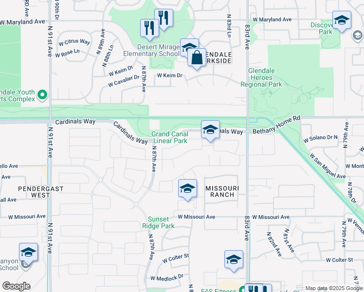 map of restaurants, bars, coffee shops, grocery stores, and more near West Bethany Home Road in Glendale