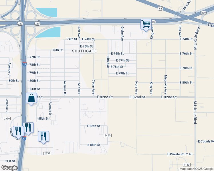 map of restaurants, bars, coffee shops, grocery stores, and more near 7602 Elm Ave in Lubbock