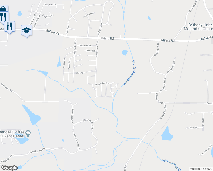 map of restaurants, bars, coffee shops, grocery stores, and more near 115 Rampart Lane in Fayetteville