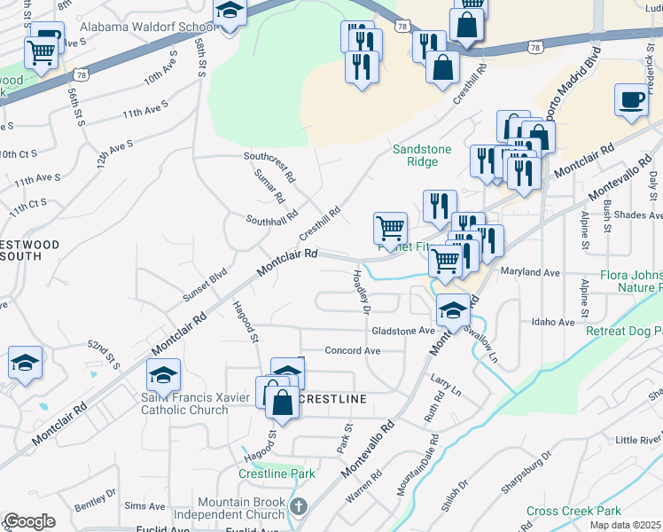 map of restaurants, bars, coffee shops, grocery stores, and more near 1224 Montclair Road in Birmingham