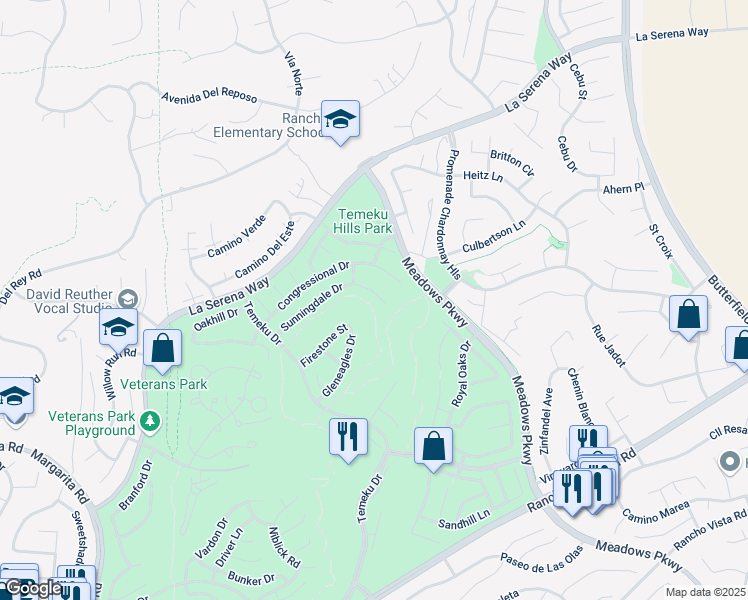 map of restaurants, bars, coffee shops, grocery stores, and more near 31495 Sunningdale Drive in Temecula