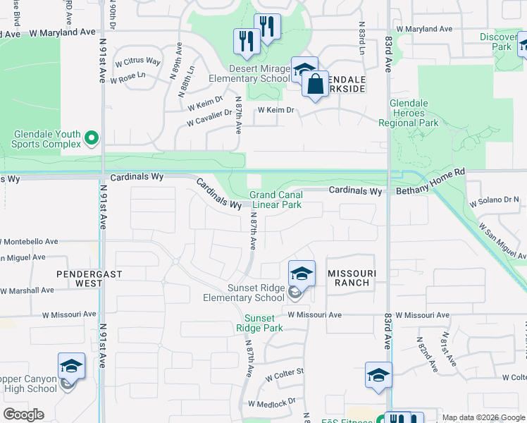 map of restaurants, bars, coffee shops, grocery stores, and more near 8638 West Palo Verde Drive in Glendale
