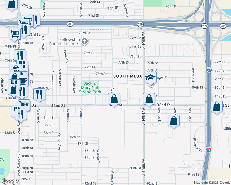 map of restaurants, bars, coffee shops, grocery stores, and more near Avenue S in Lubbock