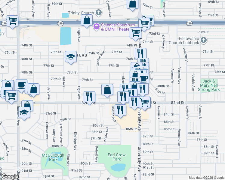 map of restaurants, bars, coffee shops, grocery stores, and more near 2612 80th Street in Lubbock