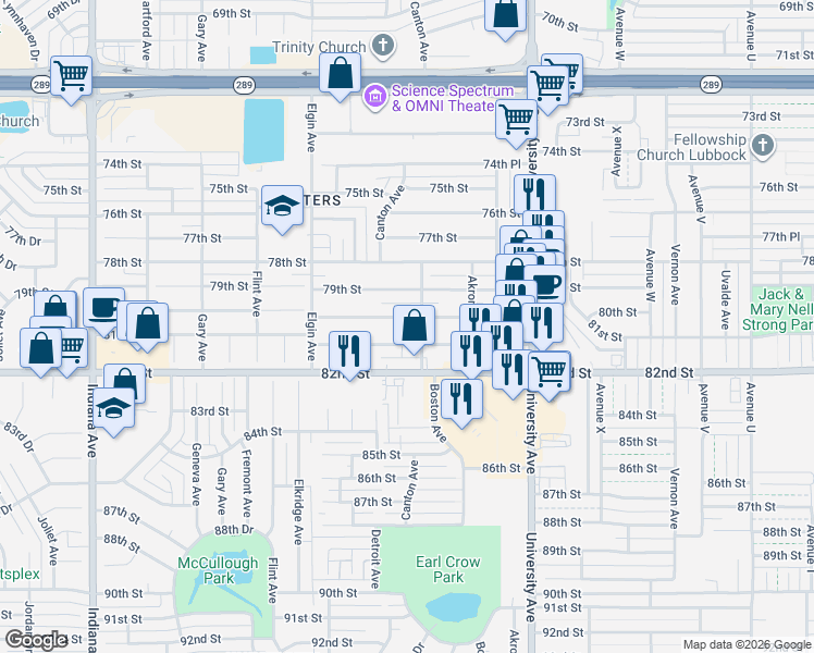 map of restaurants, bars, coffee shops, grocery stores, and more near 2706 80th Street in Lubbock