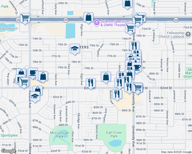 map of restaurants, bars, coffee shops, grocery stores, and more near 2722-2724 80th Street in Lubbock