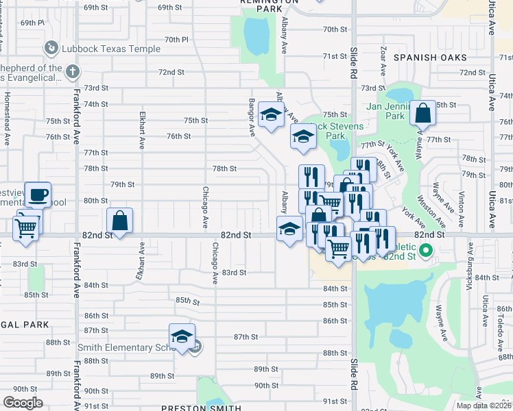 map of restaurants, bars, coffee shops, grocery stores, and more near 5401 79th Street in Lubbock