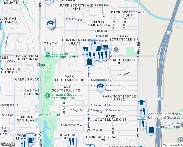 map of restaurants, bars, coffee shops, grocery stores, and more near 5895 North Granite Reef Road in Scottsdale