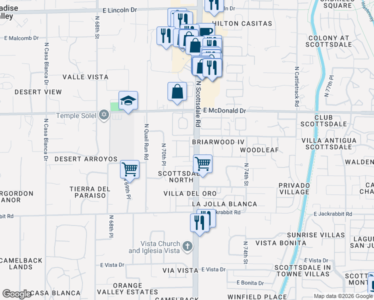 map of restaurants, bars, coffee shops, grocery stores, and more near 5828 North Scottsdale Road in Paradise Valley
