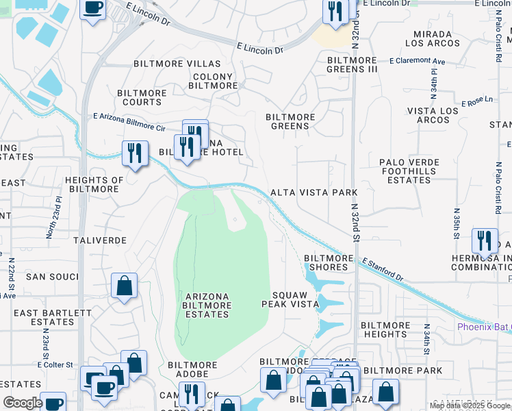 map of restaurants, bars, coffee shops, grocery stores, and more near 2818 East Camino Acequia Drive in Phoenix