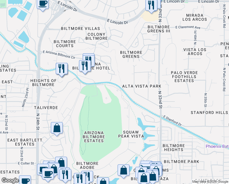 map of restaurants, bars, coffee shops, grocery stores, and more near Biltmore Estate in Phoenix