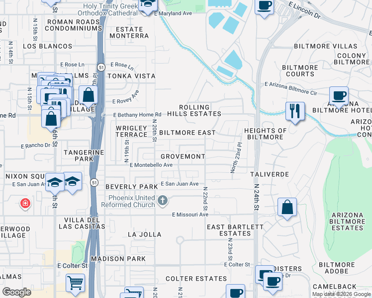 map of restaurants, bars, coffee shops, grocery stores, and more near 2045 East Rancho Drive in Phoenix