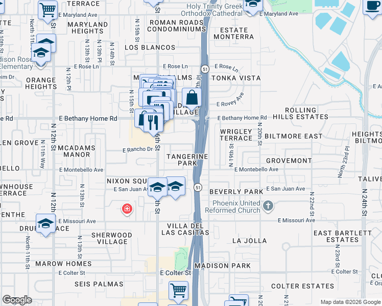 map of restaurants, bars, coffee shops, grocery stores, and more near 1718 East Rancho Drive in Phoenix