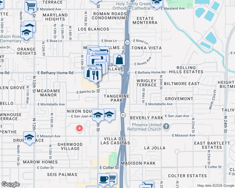 map of restaurants, bars, coffee shops, grocery stores, and more near 1646 East Rancho Drive in Phoenix