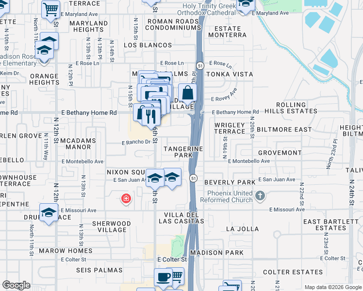 map of restaurants, bars, coffee shops, grocery stores, and more near 1646 East Rancho Drive in Phoenix