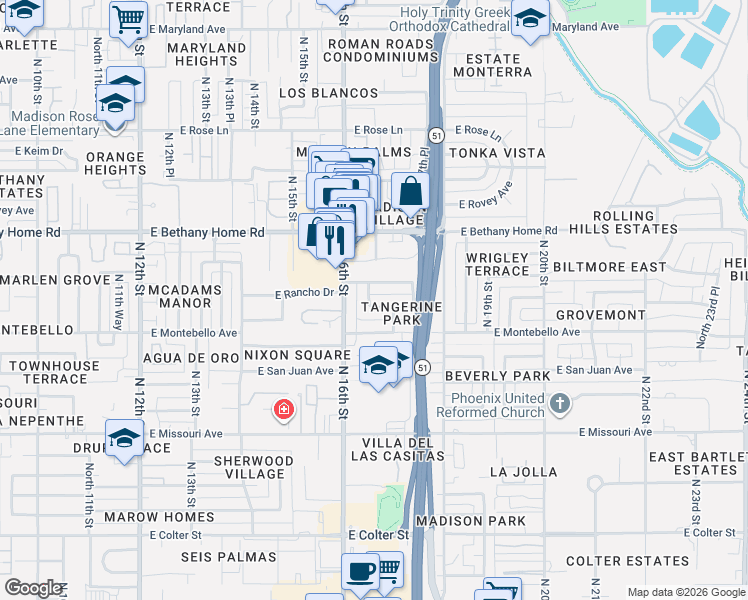 map of restaurants, bars, coffee shops, grocery stores, and more near 1646 East Rancho Drive in Phoenix