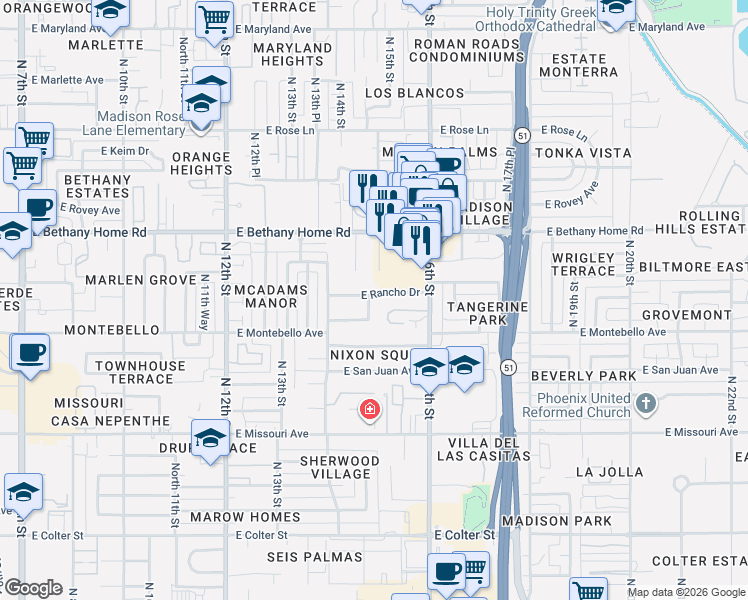 map of restaurants, bars, coffee shops, grocery stores, and more near 5906 North 15th Street in Phoenix