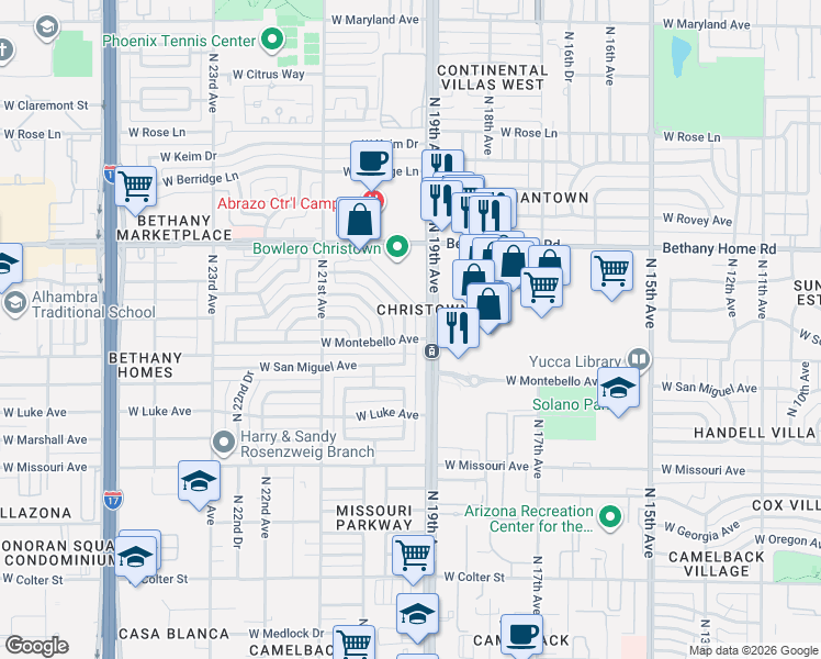 map of restaurants, bars, coffee shops, grocery stores, and more near 5728 North 19th Drive in Phoenix