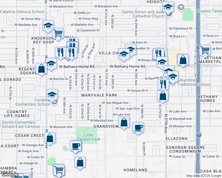 map of restaurants, bars, coffee shops, grocery stores, and more near 5802 North 30th Drive in Phoenix