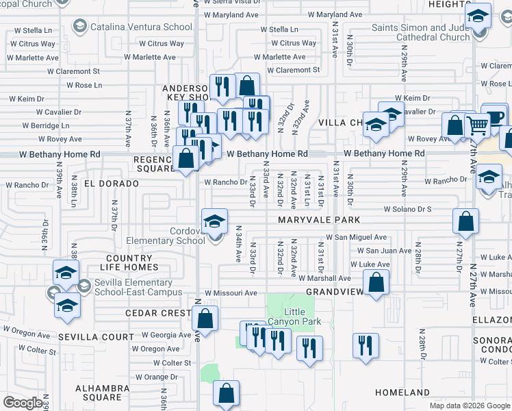 map of restaurants, bars, coffee shops, grocery stores, and more near 3318 West Solano Drive North in Phoenix