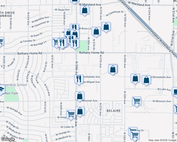 map of restaurants, bars, coffee shops, grocery stores, and more near 5755 North 59th Avenue in Glendale