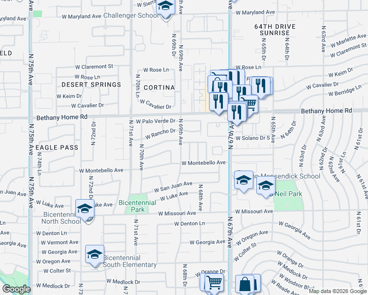map of restaurants, bars, coffee shops, grocery stores, and more near 6902 West Solano Drive South in Glendale